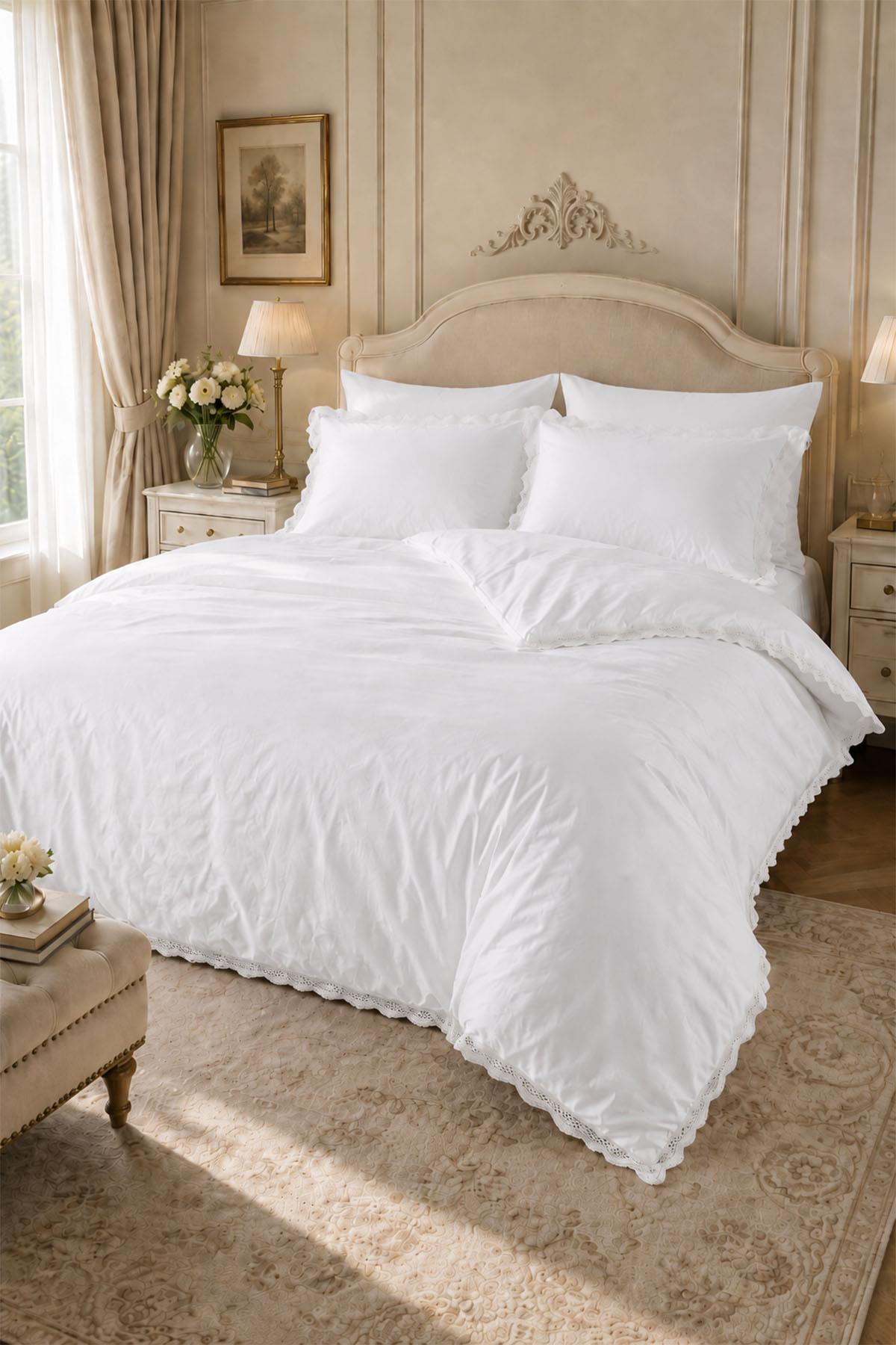 Asel 300 TC Lace Cotton Satin Double 6 Piece Duvet Cover Set