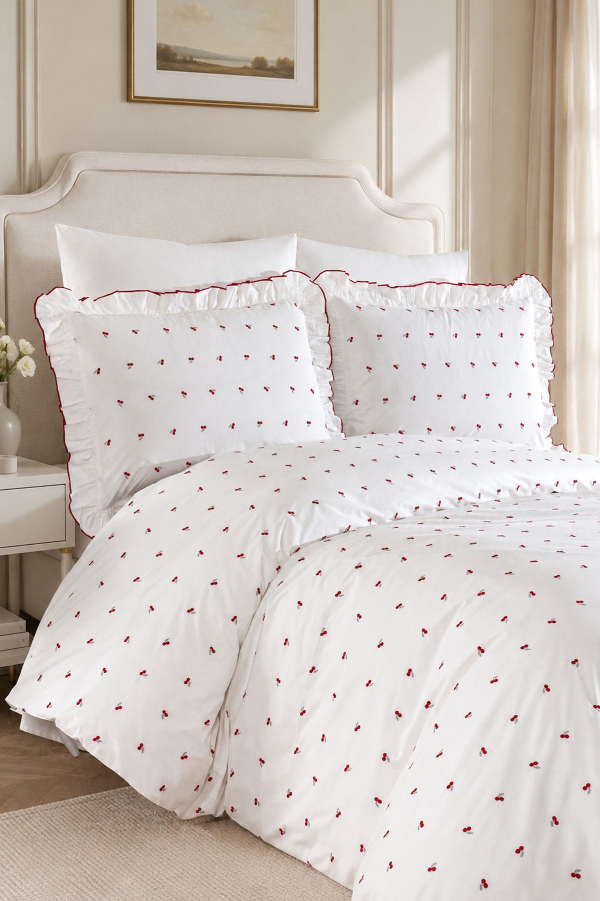 Cherry Embroidered Cotton Satin Double 6-Piece Duvet Cover Set