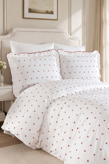 Cherry Embroidered Cotton Satin Double 6-Piece Duvet Cover Set