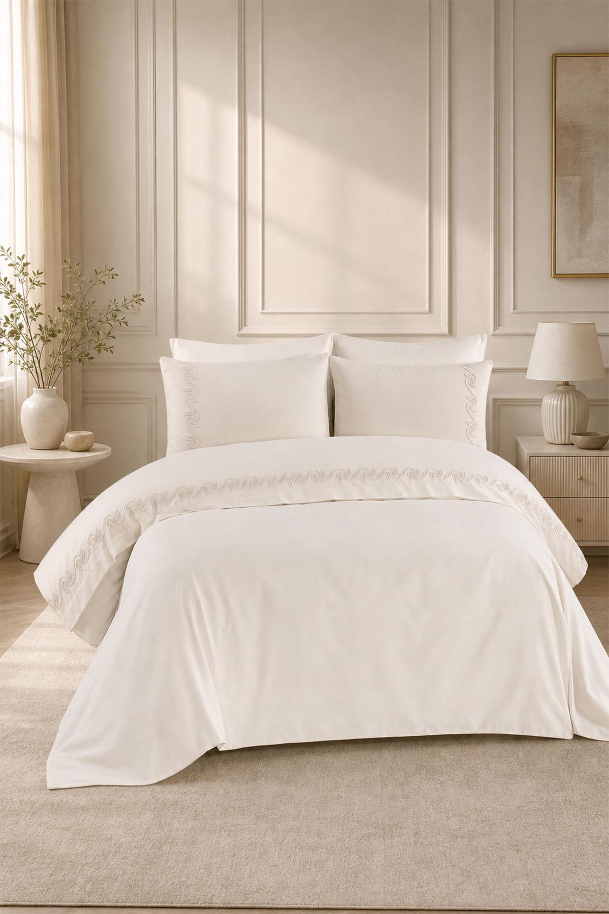 Latina Burgundy Leaf Embroidered Cotton Sateen Double Duvet Cover Set, 6 Pieces