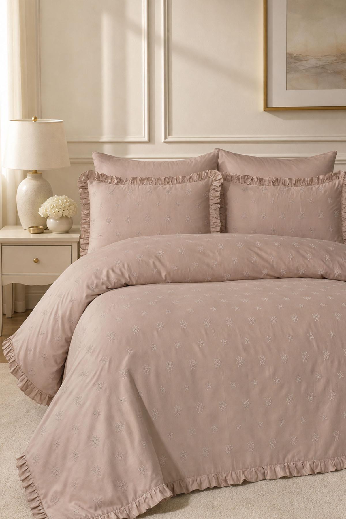 Lovella Floral Embroidered Cotton Sateen Double Duvet Cover Set - 6 Pieces