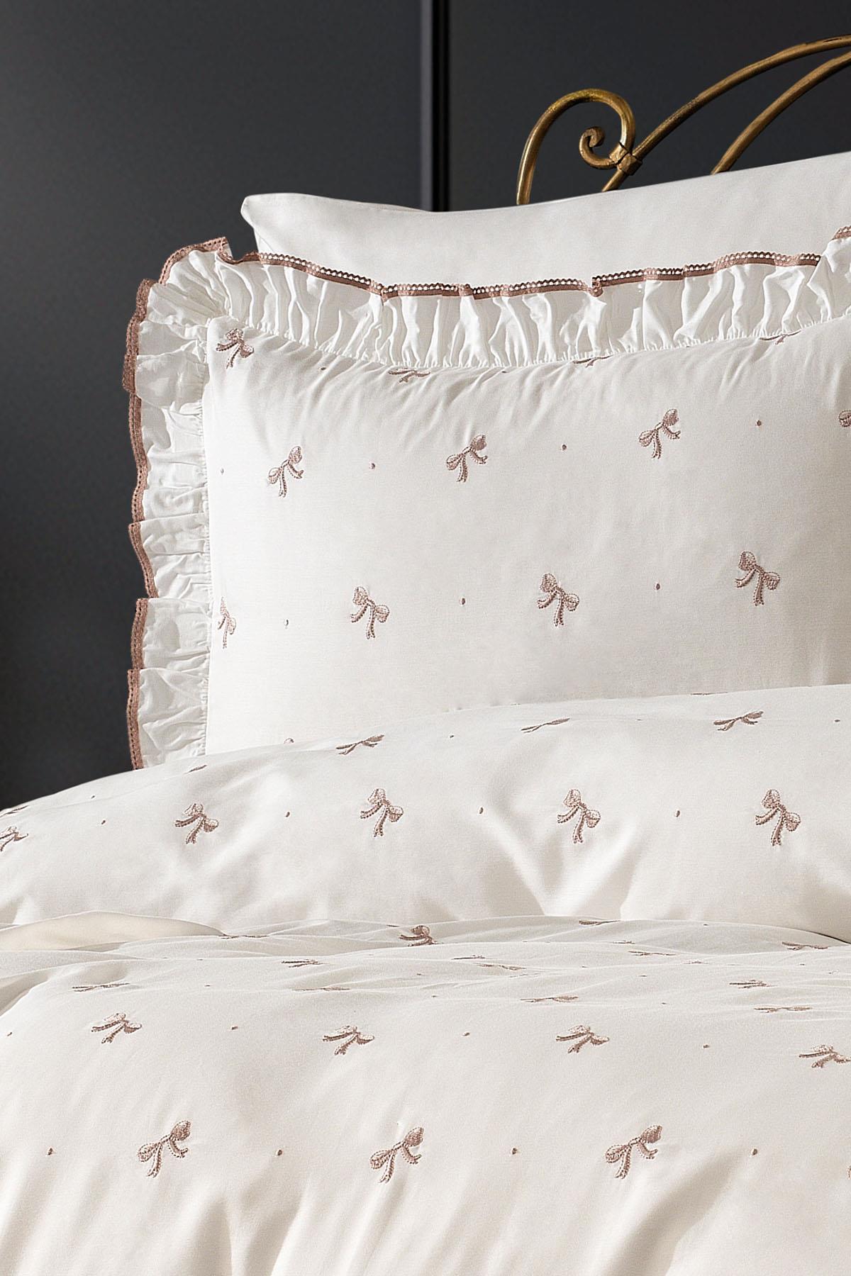 Serena Bow Embroidered Cotton Satin King Size 6-Piece Duvet Cover Set