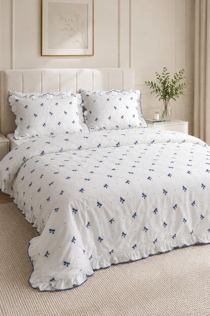 Serena Bow Embroidered Cotton Satin Super King Size 6-Piece Duvet Cover Set