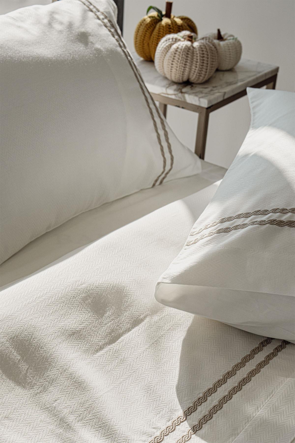 Vetra Striped Embroidered Cotton Sateen Double Duvet Cover Set, 6 Pieces