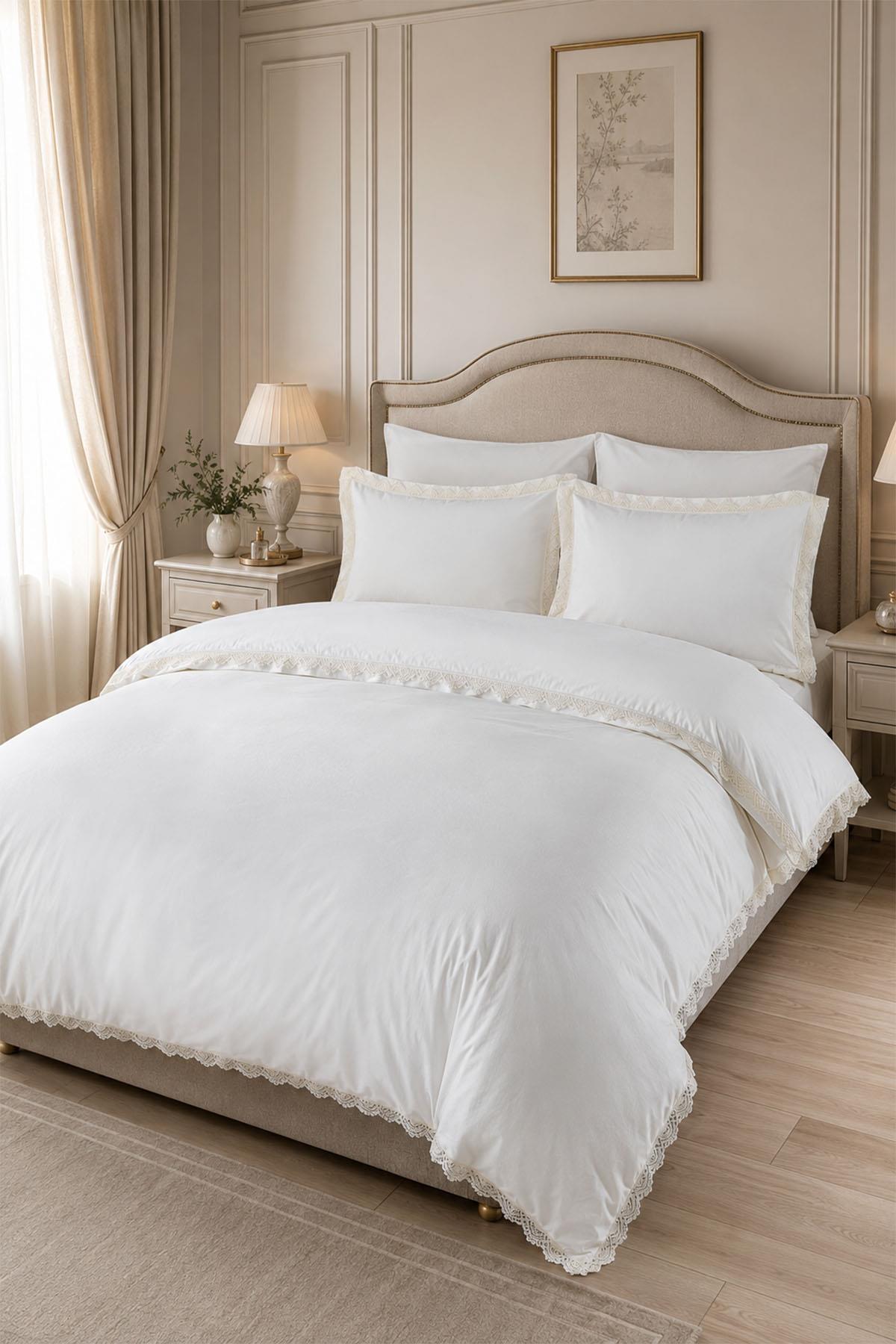 Elegant 300 TC Lace Cotton Satin Super King Size 6 Piece Duvet Cover Set