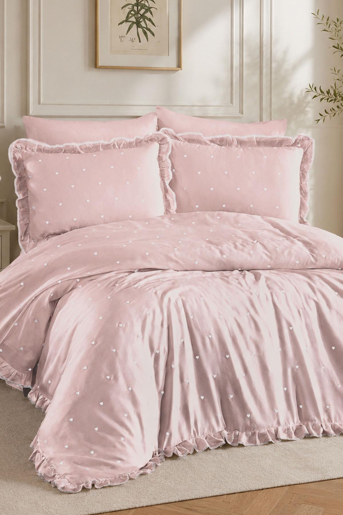 Amore Heart Embroidered Cotton Satin Super King Size 6 Piece Duvet Cover Set