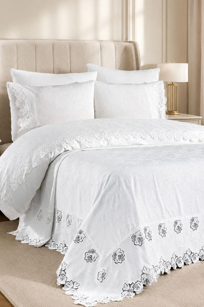 Astena Floral Embroidered Double 7-Piece Duvet Cover + Quilt Set