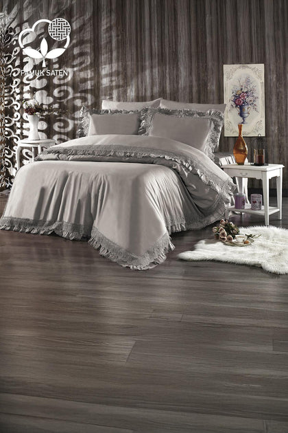 Helen Laced Organic Cotton Satin Double Duvet Cover Set